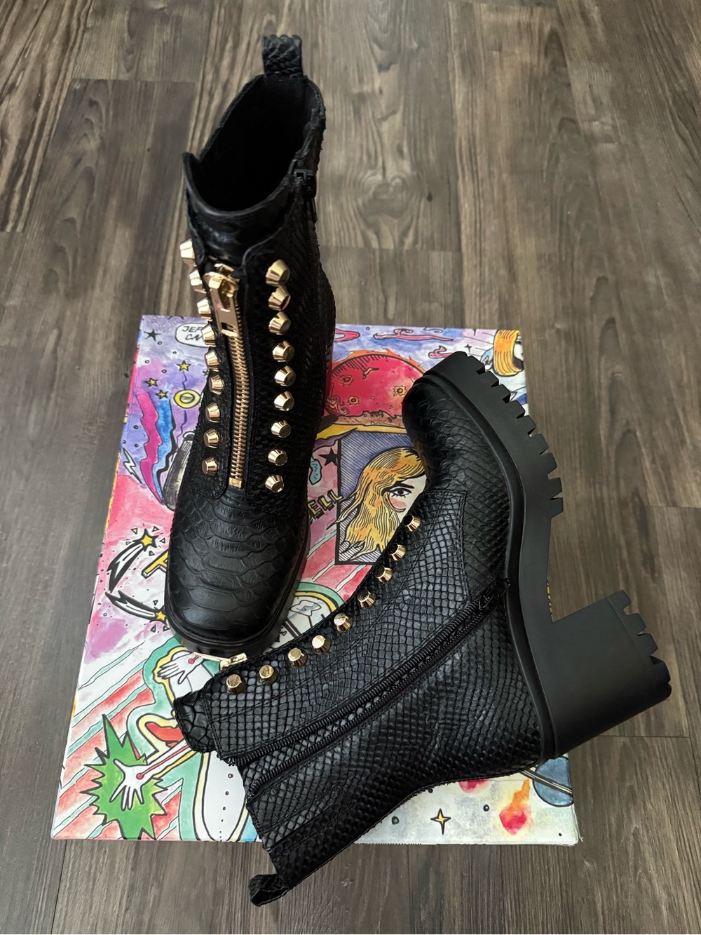 Jeffrey Campbell NEW Black Snakeskin Platform Boots Gold Studs + Side Zippers